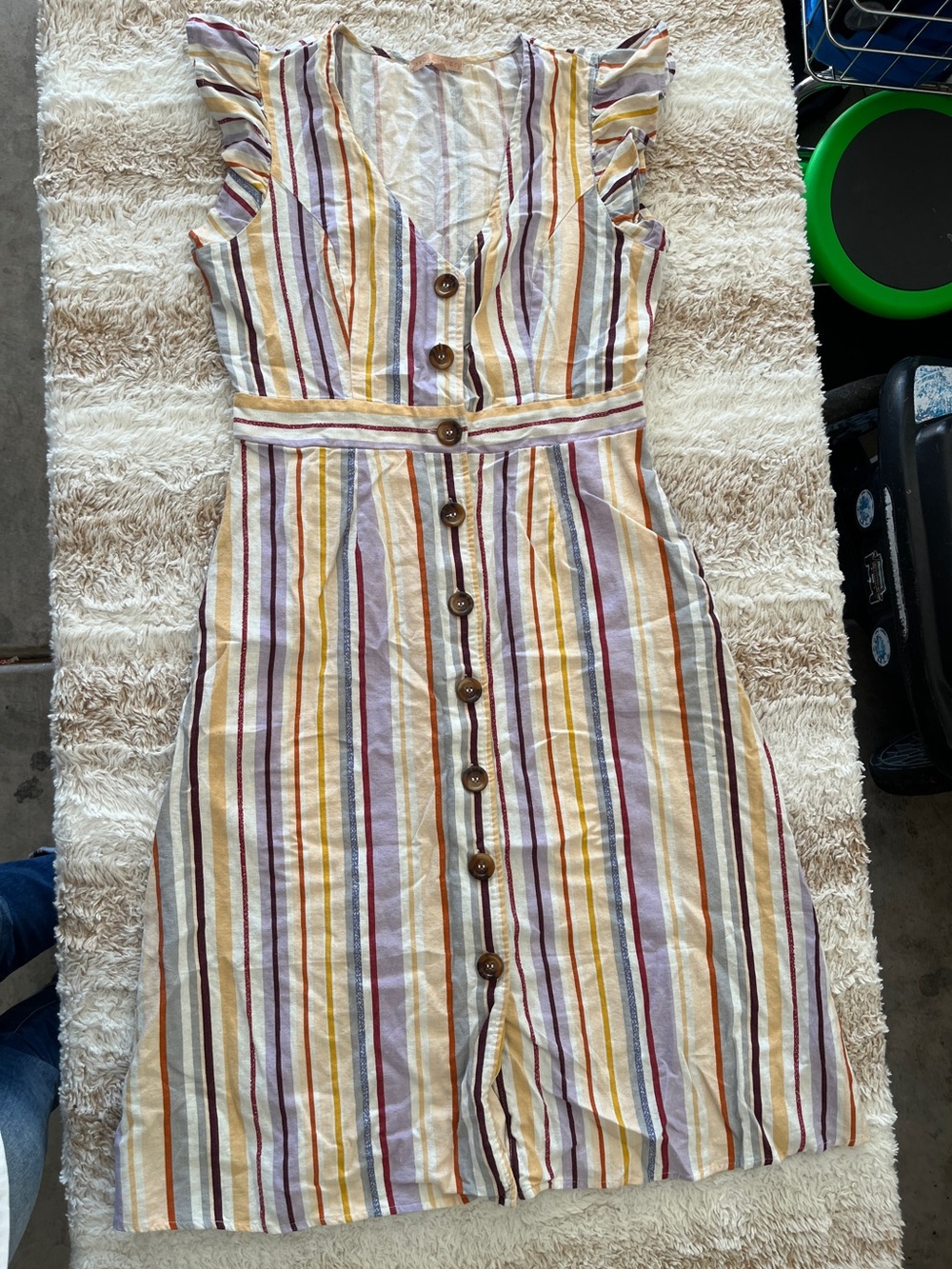 Linen Striped Button-Front Dress in White, Yellow & Purple